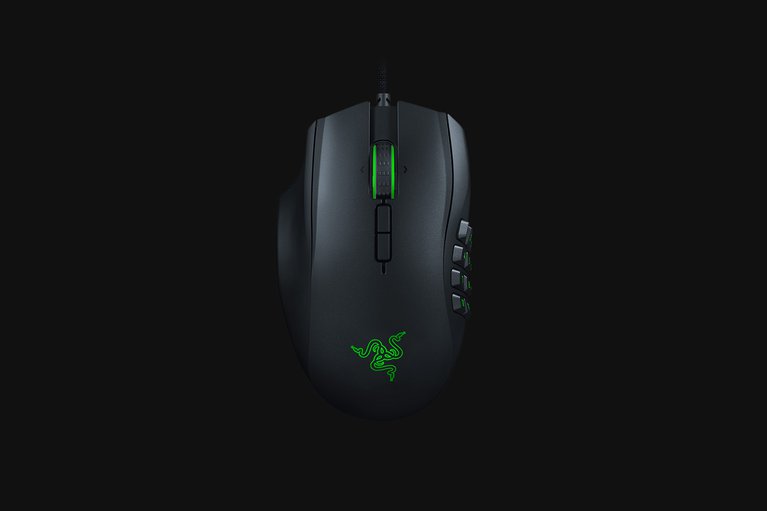 Razer Naga Left-Handed - Black Background with Light (Top-Down View)