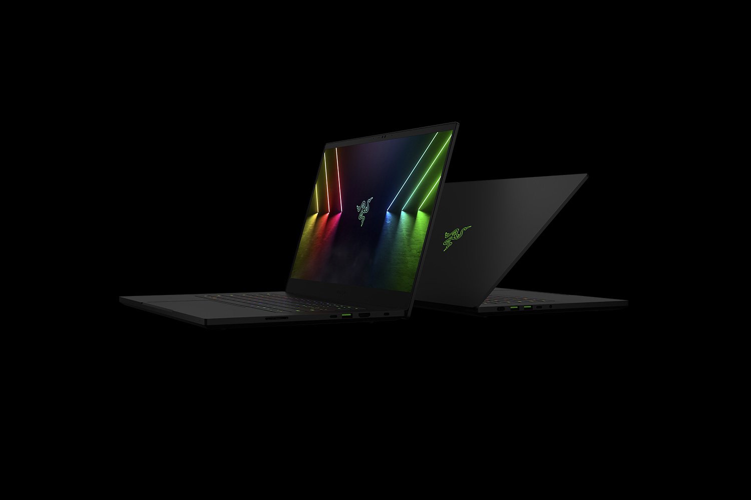 Razer Blade 15 240Hz Front Back - Black Background with Light (Front-Angled View)