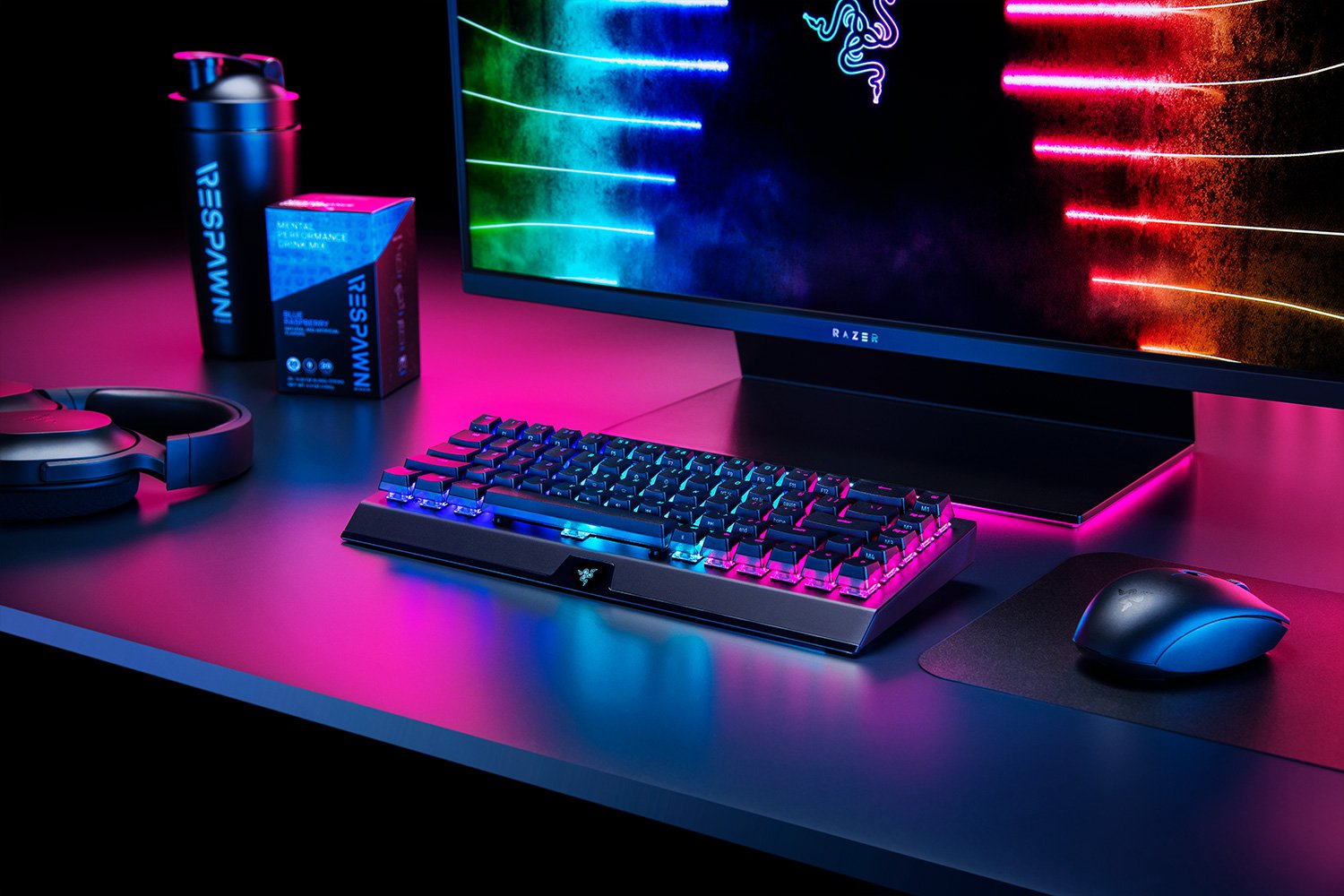 Razer BlackWidow V3 Mini Hyperspeed (Yellow Switch) US (Phantom Ed) on Razer Workstation Dark (Magenta Theme)