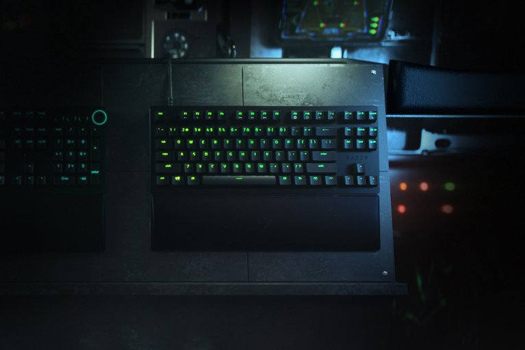 Razer Huntsman V2 Tenkeyless (Red Switch) US (Black) - Dark Lab Background (Top-Down View)