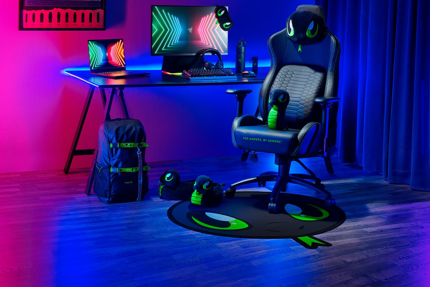 Razer Sneki Snek Floor Rug in gaming setup under gaming chair - used to protect the floor