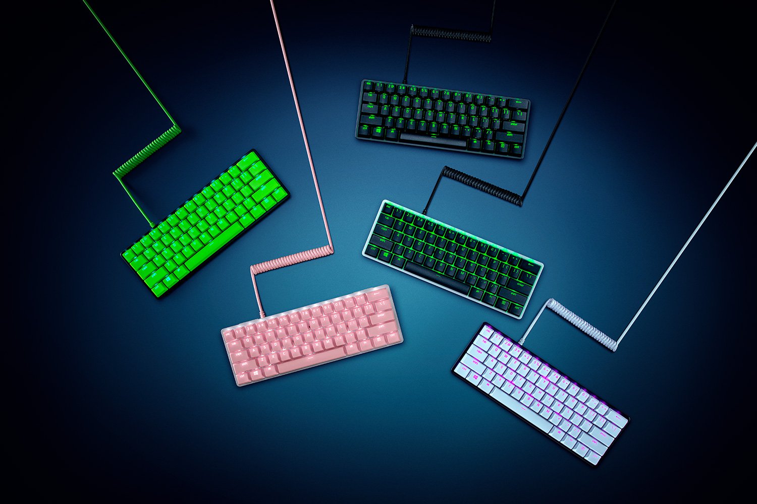 Razer PBT Keycap and Coiled Cable Variants on Razer Keyboard with Chroma Lighting Variants