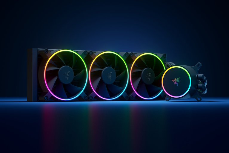 Razer Hanbo Chroma 360mm Cap and Fan - Blue Background with Light (Angled View)