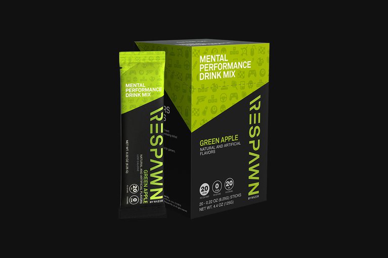 RESPAWN Mental Performance Drink Mix 20ct Box - Green Apple - box and packet
