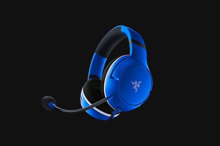 Razer Kaira X for Xbox (Shock Blue) - Black Background with Light (Lower-Angled View)