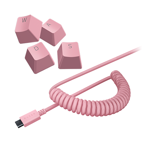 Image of Razer PBT Keycap + Coiled Cable Upgrade Set - Colored Doubleshot PBT Keycaps with Matching Cable - Durable Doubleshot PBT - Braided Fiber Cable - USB-C to USB-A - Quartz Pink
