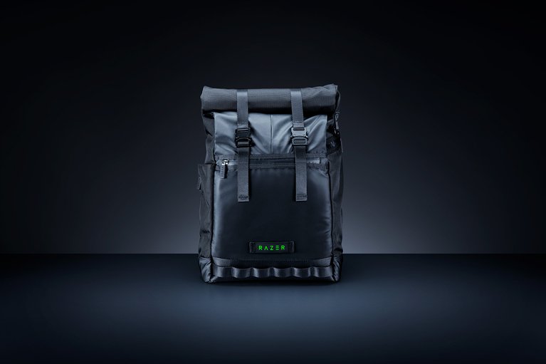 Razer Recon 15 Rolltop Backpack - Black Background with Light (Front View) Backlit