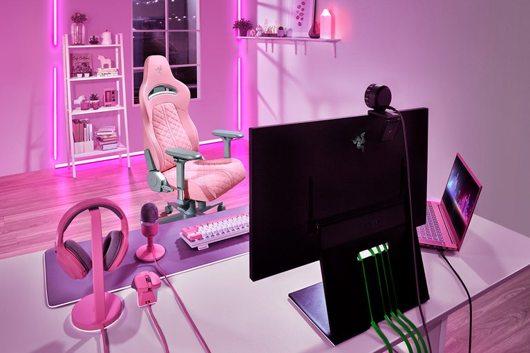Razer Enki (Quartz) with Razer Streaming Room (Pink Theme Back-Angled View)
