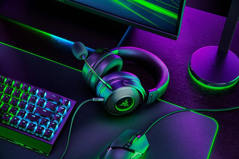 Razer Kraken V3 HS Lay Down on Razer Workstation (Cool RGB Theme)