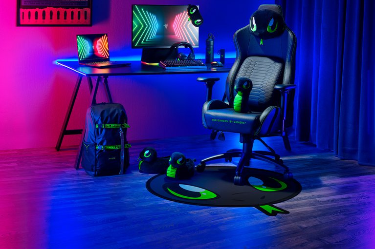 Razer Sneki Snek Floor Rug in gaming setup under gaming chair - used to protect the floor