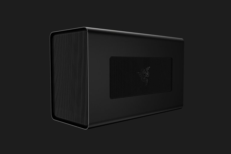 Razer Core X (Black) - Black Background with Light (Angled View)