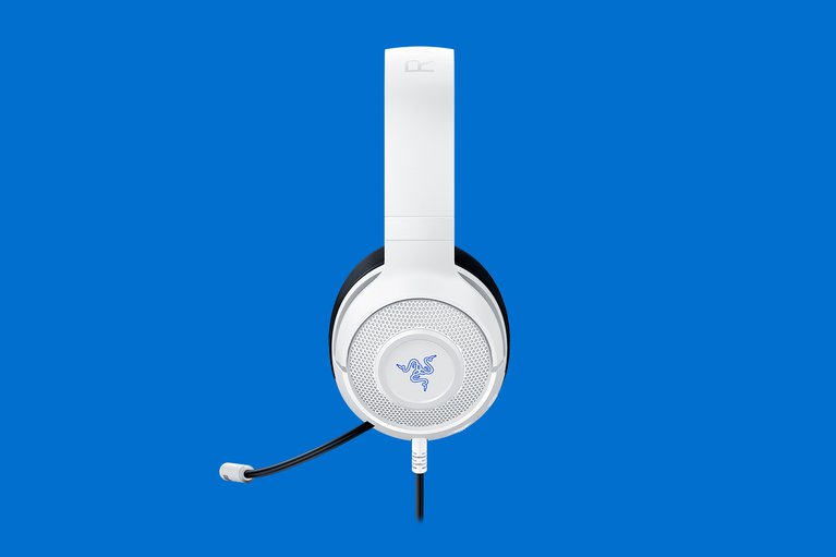 Razer Kraken X for PlayStation- Light Blue Background with Light (Side View)