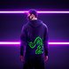 Razer Streak Hoodie XXL Male Model Backfacing - Black Background with Neon Lighting