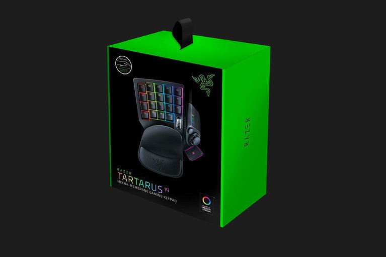 Razer Tartarus V2 in Packaging Box - Black Background With Light (Angled View)
