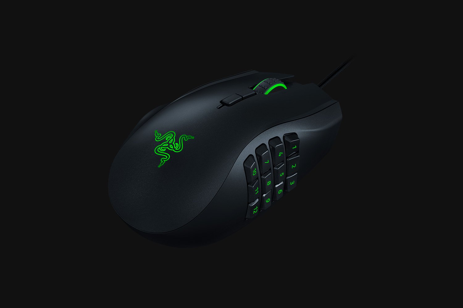 Razer Naga Left-Handed - Black Background with Light (Angled View)