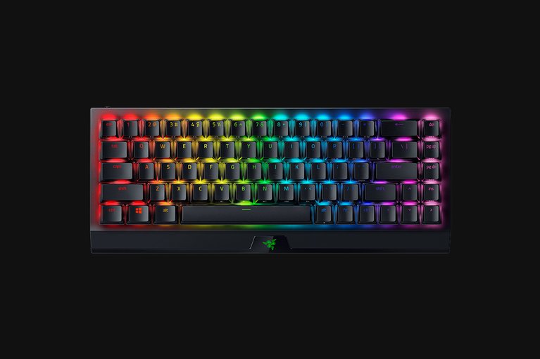 Razer BlackWidow V3 Mini Hyperspeed (Yellow Switch) US (Phantom Ed) - Black Background with Light (Top-Down View)