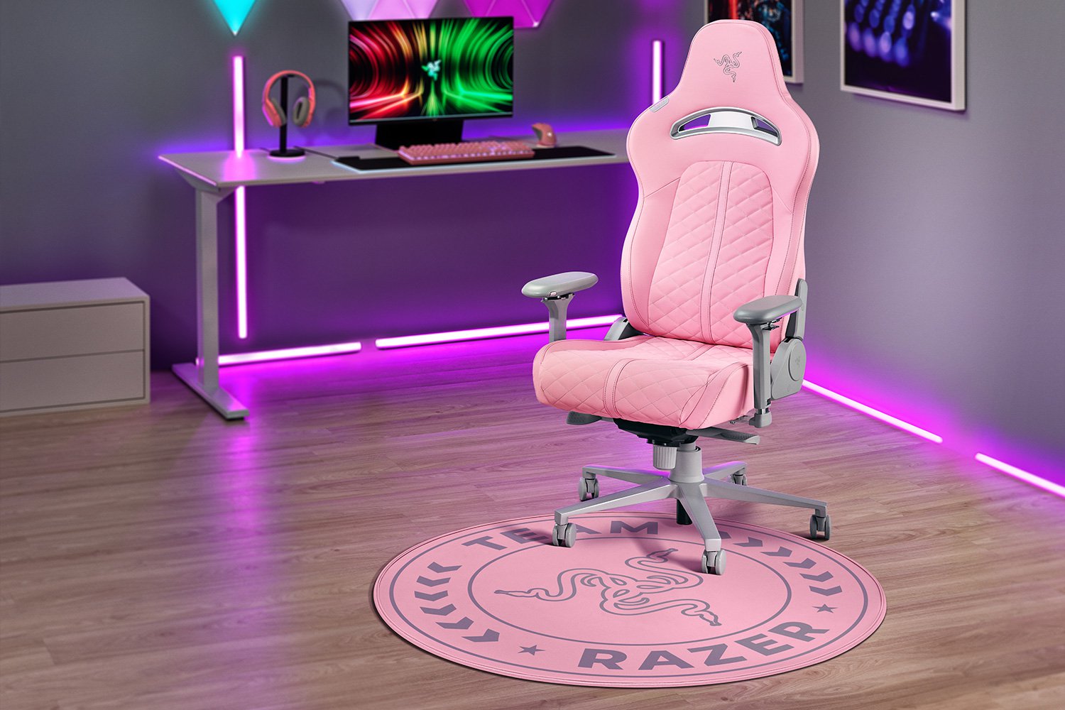 Team Razer Floor Mat (Quartz) with Razer Iskur X (Quartz) and Razer Workroom (Pink Theme)