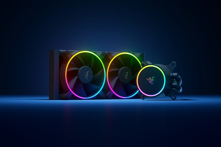 Razer Hanbo Chroma 240mm Cap and Fan - Blue Background with Light (Angled View)