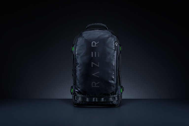 Razer Rogue 17 Backpack V3 (Black) - Black Background with Light (Front View) Backlit