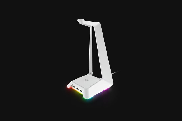 Headphones Stand (White) with Rainbow RGB Base (Angled View)
