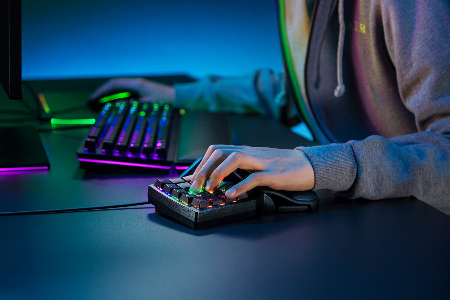 Razer Tartarus Pro (Black) Male Model Hands Gaming (Back-Angled View)