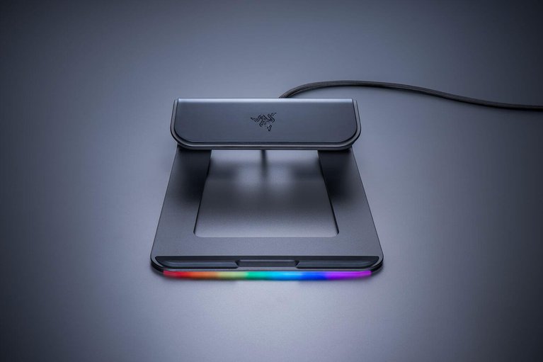 Razer Laptop Stand (Chroma) - Silver Surface with Light (Front View)