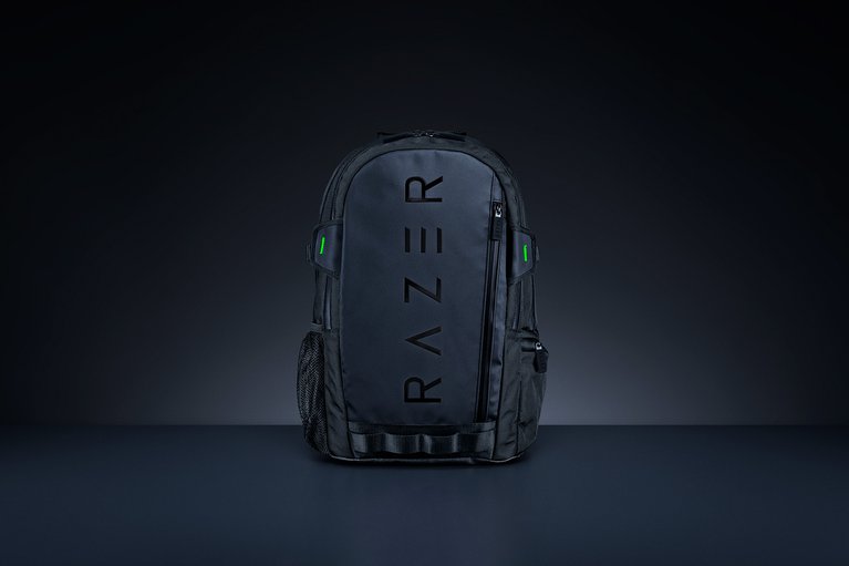 Razer Rogue 15 Backpack V3 (Black) - Black Background with Light (Front View) Backlit