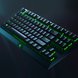 Razer BlackWidow V3 Tenkeyless US (Green Switch) Green Chroma - Black Background with Blue Light (Angled View)