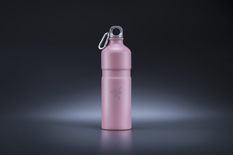 Razer Hydrator - Quartz frontal view to showcase smooth, matte aluminum Quartz finishing with grey THS logo design, matching grey cap and silver carabiner on cap