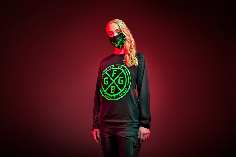 Razer Emblem Long Sleeve Tee XXL Female - Black Background with Red Backlight (Front View)