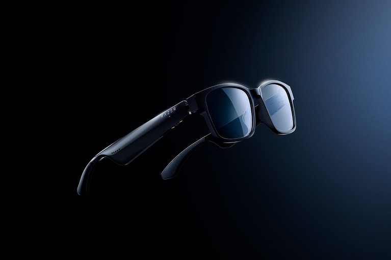 Razer Anzu Smart Glasses (Rectangle) L (Blue Light And Sunglasses) - Black Background with Light (Angled View)