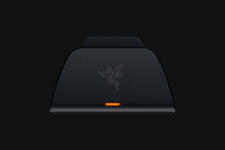 Razer Quick Charging Stand for PS5™  (Black) - Black Background with Light (Front View)