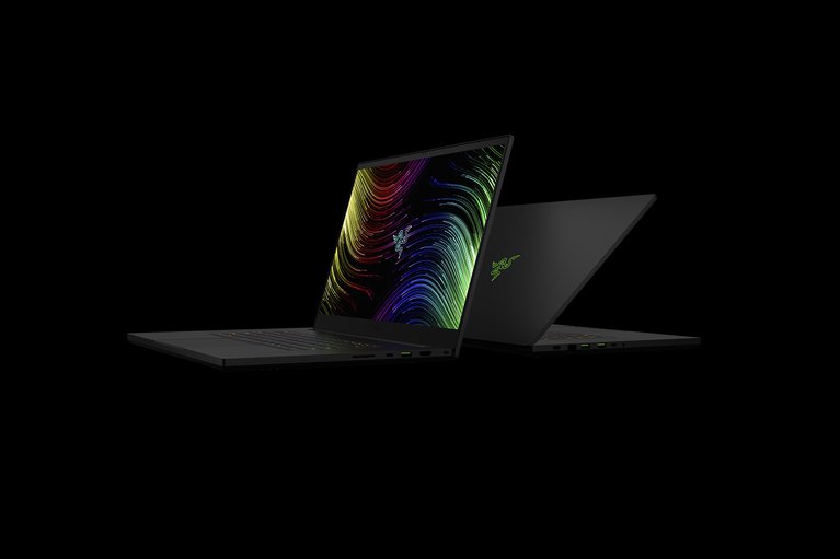 Razer Blade 17 165Hz Front Back - Black Background with Light (Front-Angled View)