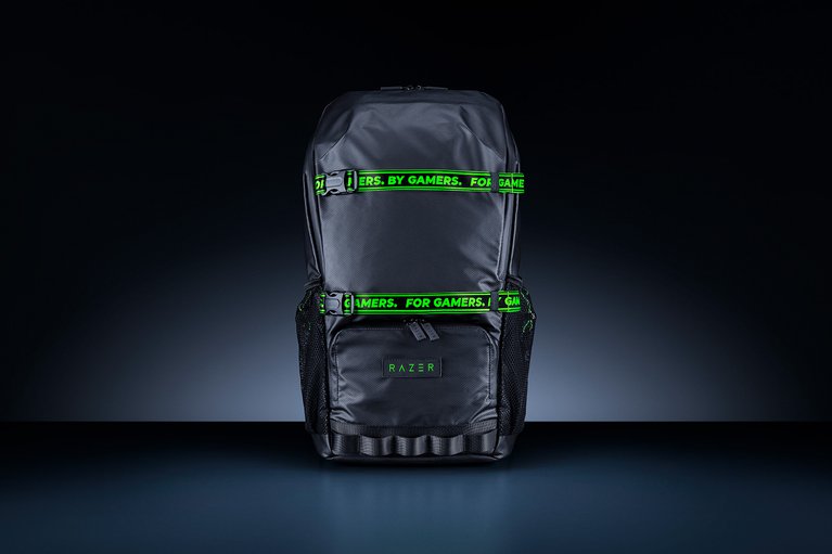 Razer Scout 15 Backpack V3 - Black Background with Light (Front View)