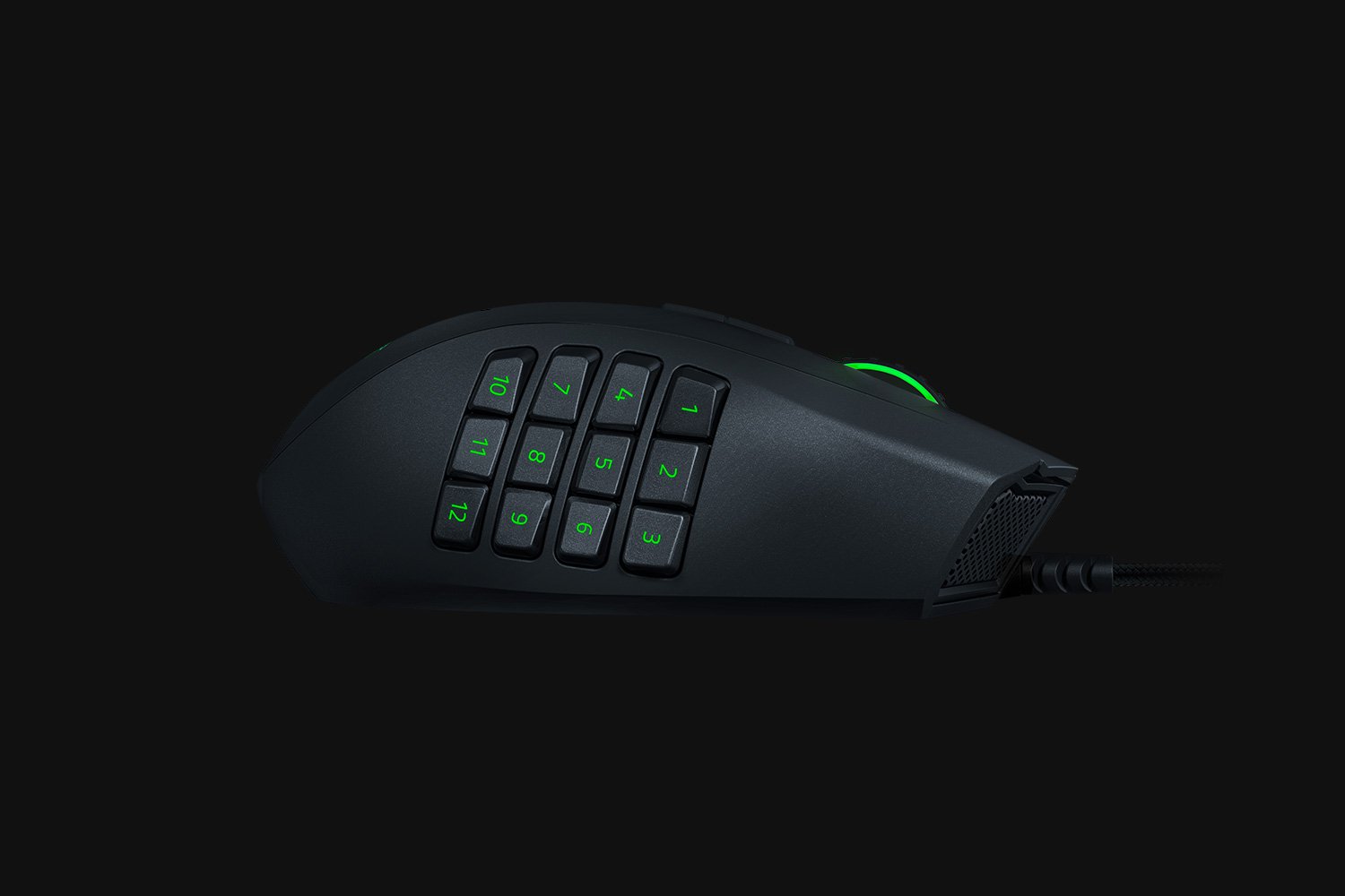 Razer Naga Left-Handed - Black Background with Light (Button Side View)