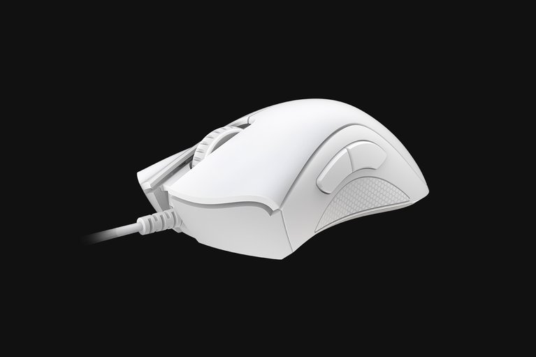 Razer DeathAdder Essential (White) - Black Background with Light (Front-Angled View)