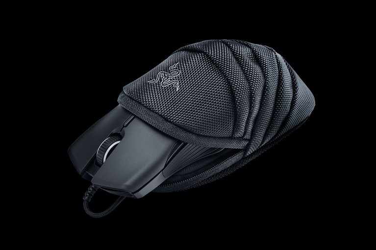 Razer Mouse Pouch V2 Open with Razer Lancehead - Black Background with Light (Angled View)