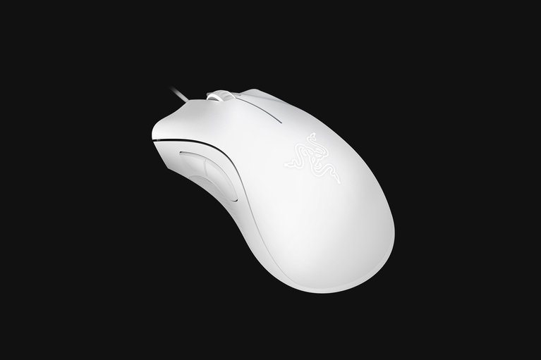 Razer DeathAdder Essential (White) - Black Background with Light (Back-Angled View)