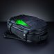 Razer Rogue 17 Backpack V3 (Black) Lay Down Front Compartment Open - Black Background with Light (Angled View) Backlit