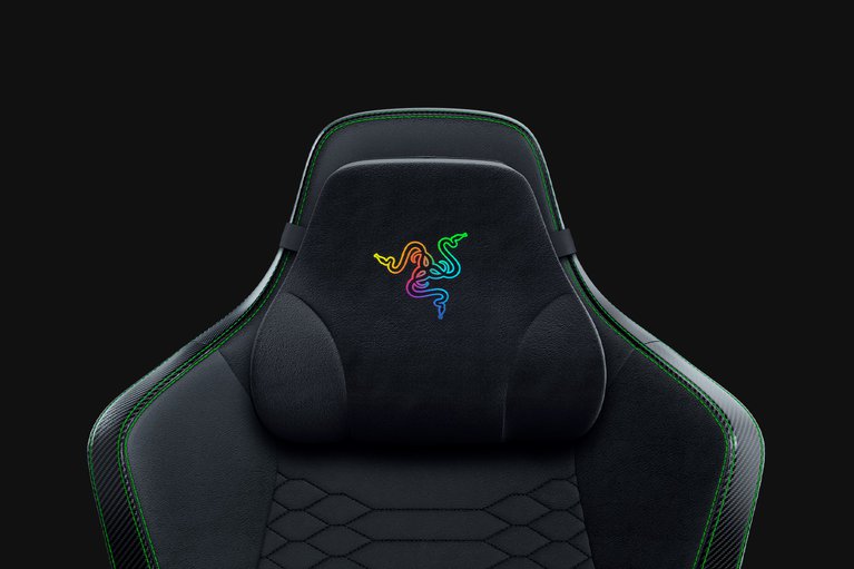 Razer Chroma Head Cushion Closeup with Razer Iskur X - Black Background with Light (Front View)