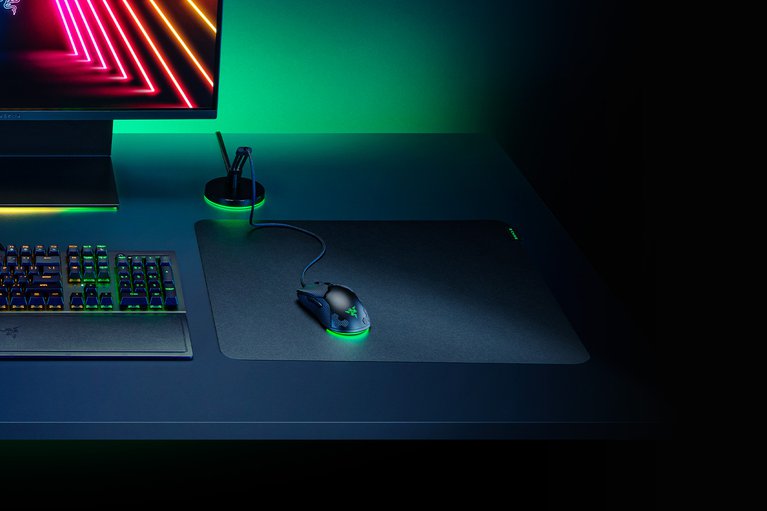 Razer Sphex V3 Small on Razer Workstation - Black Background Green Backlight (Front View)