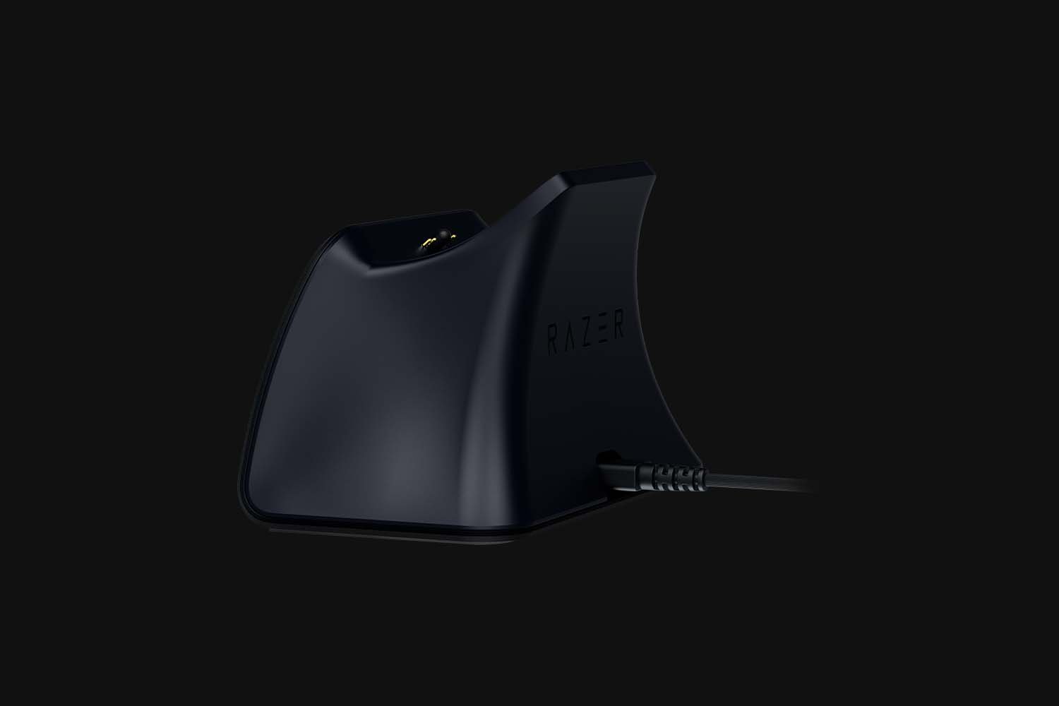 Razer Quick Charging Stand for PS5™  (Black) with Cable - Black Background with Light (Back-Angled View)