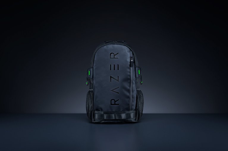 Razer Rogue 13 Backpack V3 (Black) - Black Background with Light (Front View) Backlit
