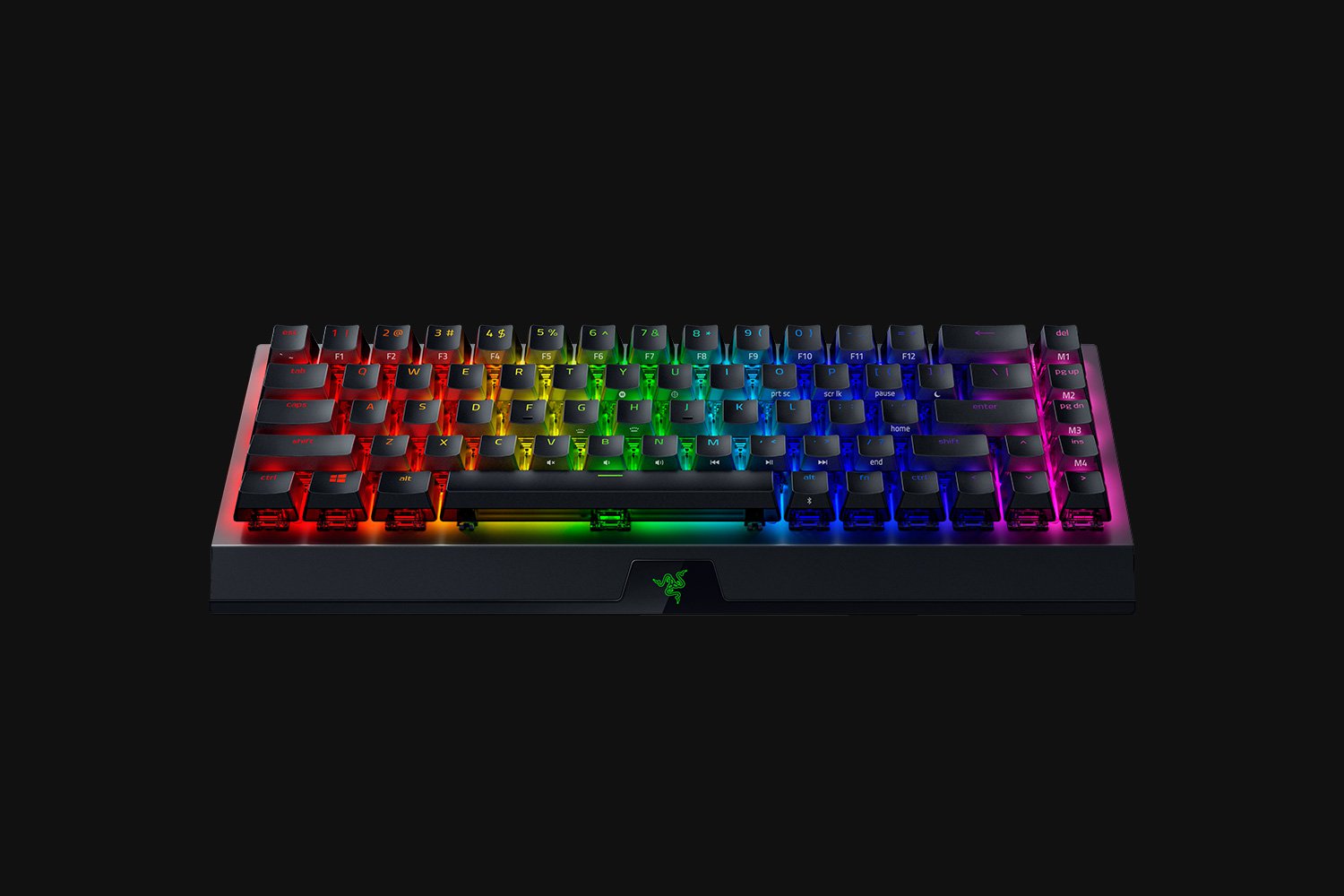 Razer BlackWidow V3 Mini Hyperspeed (Yellow Switch) US (Phantom Ed) - Black Background with Light (Tilted View)