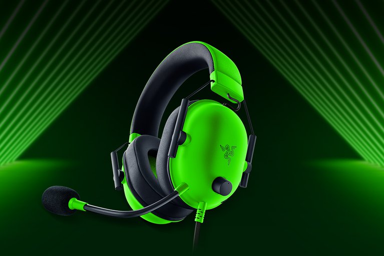 Razer Blackshark V2 X (Green) - Green Laser Background with Light (Lower-Angled View)