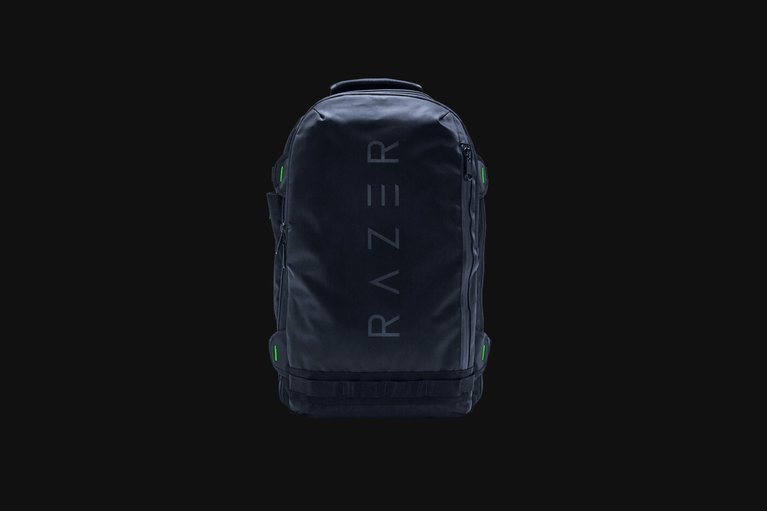 Razer Rogue 17.3 Backpack V2 - Black Background with Light (Front View)