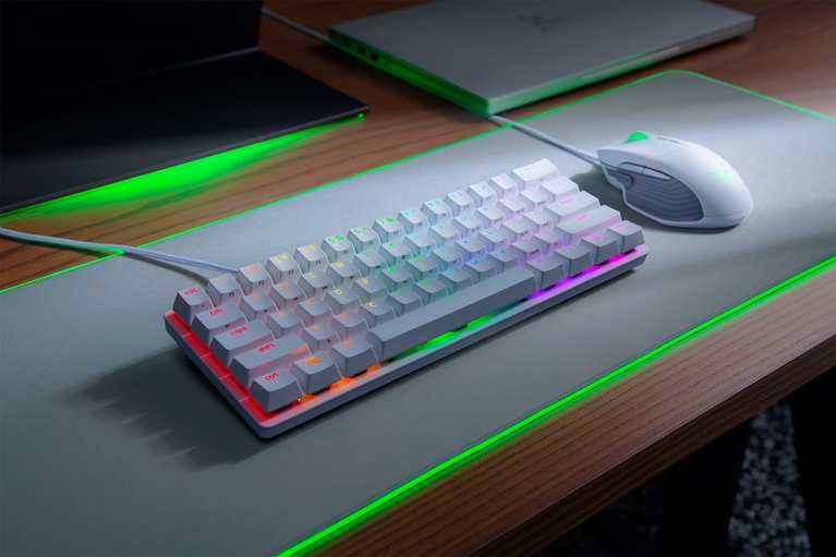 Razer Huntsman Mini US Clicky (Mercury) on Razer Workstation (Angled View)