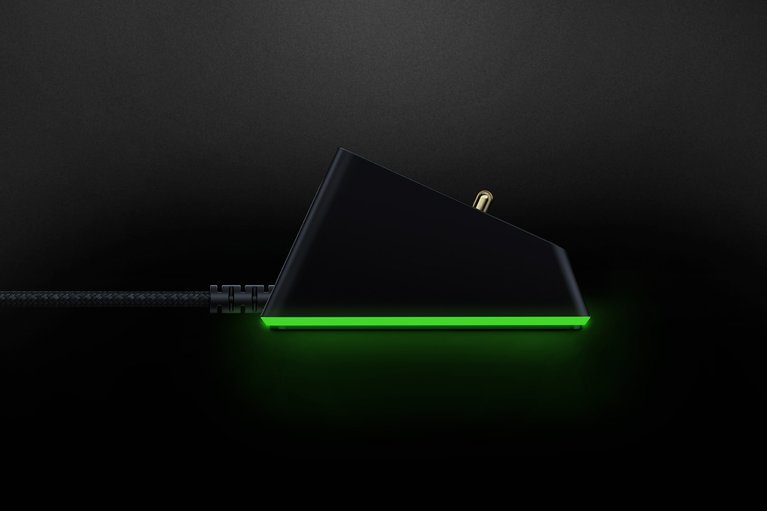 Razer Mouse Dock Chroma Connected - Black Background with Light (Side View)