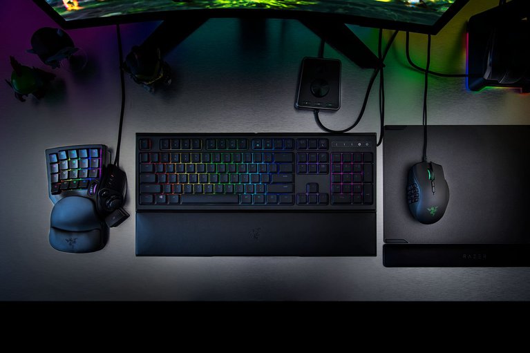 Razer Tartarus V2 on Razer Workstation - Stainless Steel Surface (Top-Down View)