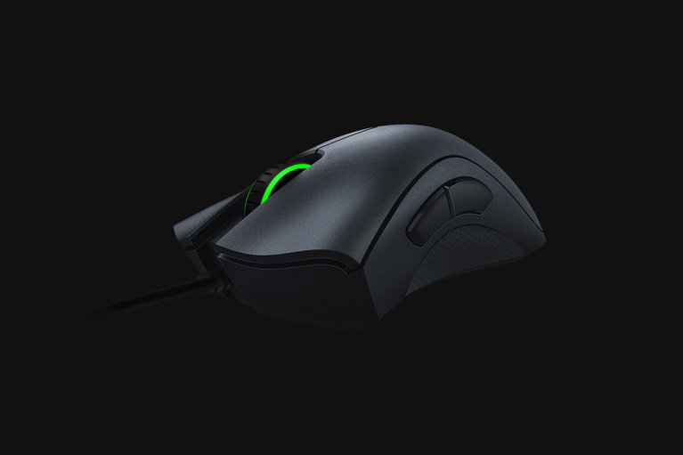 Razer DeathAdder Essential (Black) - Black Background with Light (Front-Angled View)